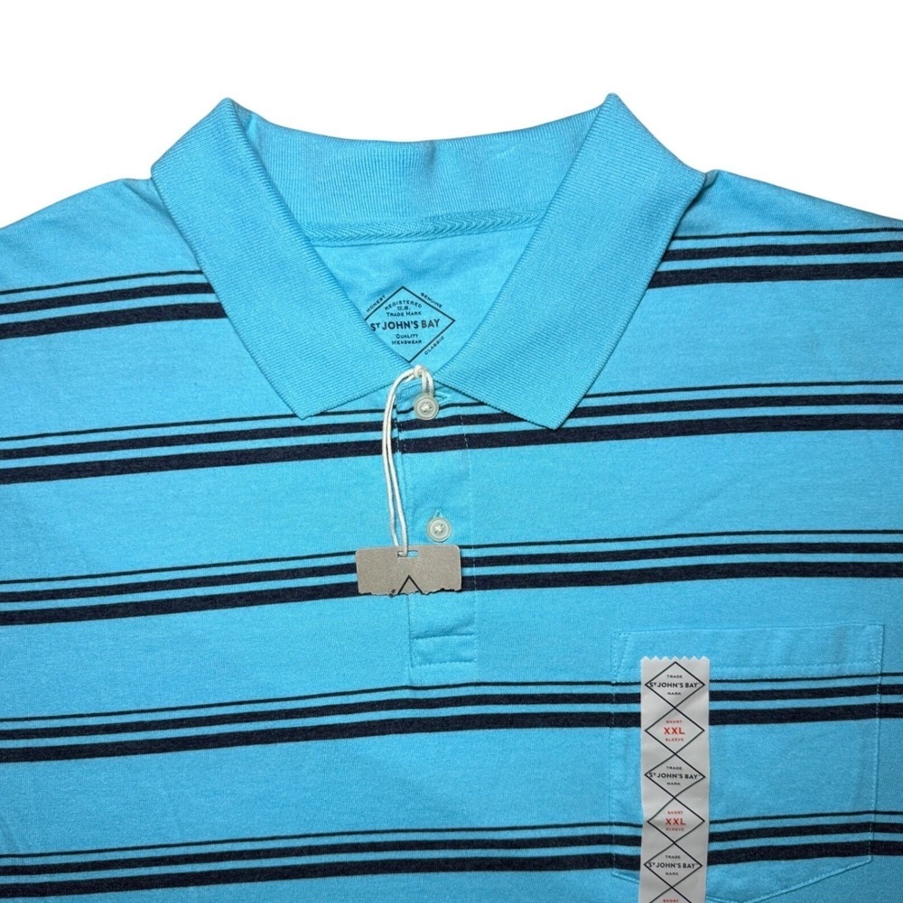St Johns Bay Short Sleeve Polo Shirt Mens XXL Light Blue Striped Pocket NWT